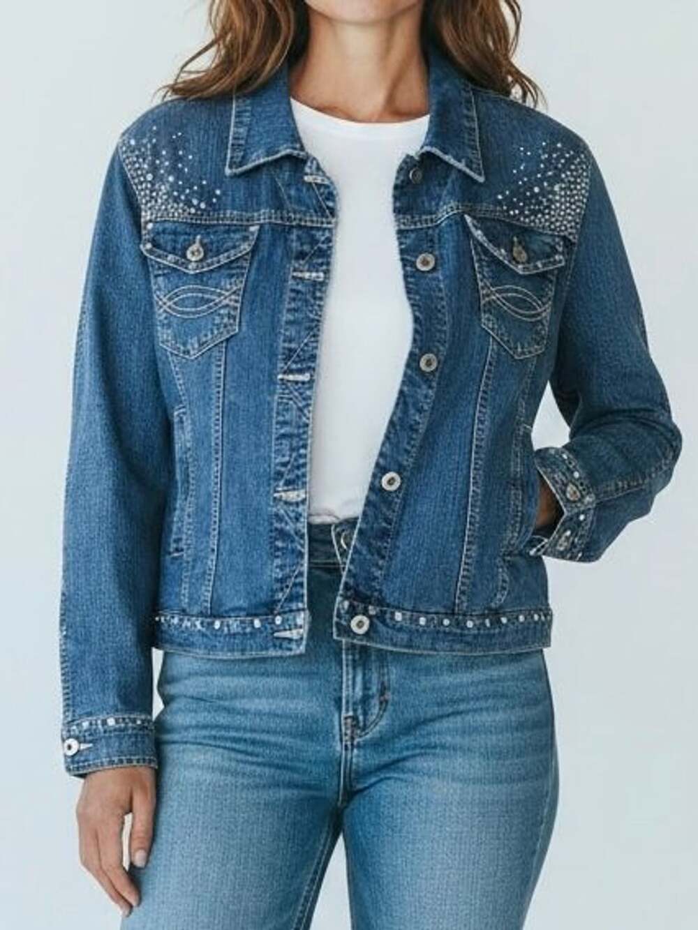 Ethyl Vintage Denim Jacket with Rhinestone Embellishments Size XL
